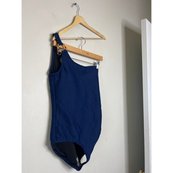 NWT Shoshanna Ring One Shoulder Geo One Piece Lined Swimsuit Navy Blue Size 10 - Picture 3 of 7